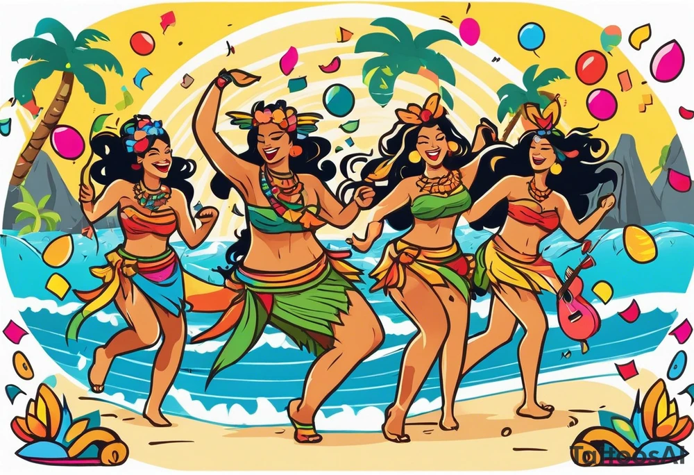 beach party scene with tiki gods and hulu girls dancing include music notes and confetti. leave a blank area in the middle of the image tattoo idea