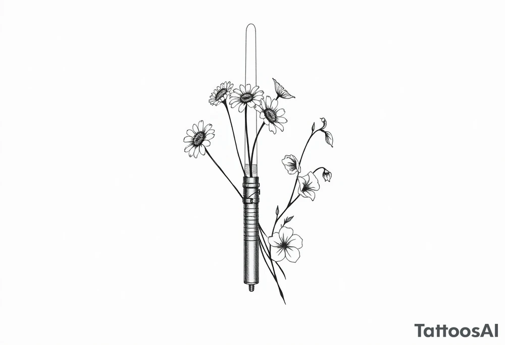 Lightsaber holding daisies, lily of the valley, and morning glories tattoo idea