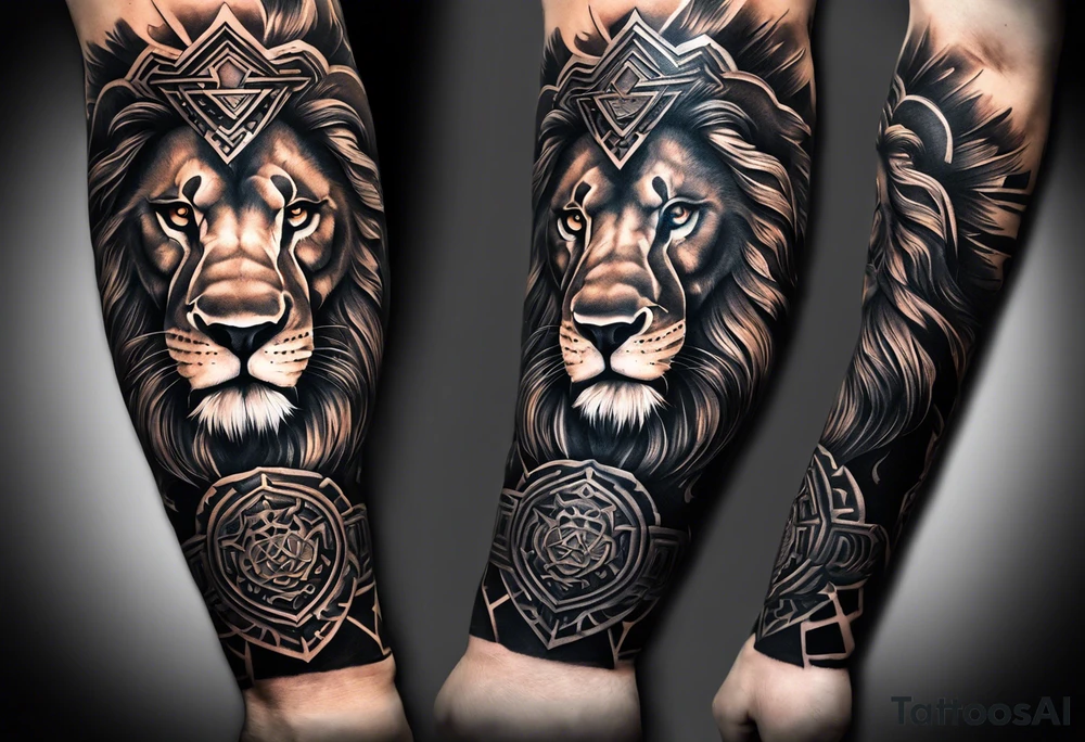 A full tattoo sleeve designed with a strong, masculine aesthetic, featuring a powerful lion as the centerpiece. The lion, symbolizing strength, courage, and leadership, is depicted with intricate detail and dynamic shading, capturing its fierce expression and majestic mane. Surrounding the lion, incorporate geometric patterns that add structure and contrast to the design. These patterns are bold and angular, creating a sense of order and symmetry that complements the natural form of the lion. The geometric elements are woven around the lion, emphasizing its central position while providing a modern, edgy backdrop. The shading throughout the sleeve is deep and dramatic, enhancing the contrast between the organic features of the lion and the precise lines of the geometric patterns. The overall design is bold, intense, and visually striking, combining the raw power of the lion with the clean, ordered aesthetic of geometric patterns for a cohesive and masculine tattoo sleeve. tattoo idea