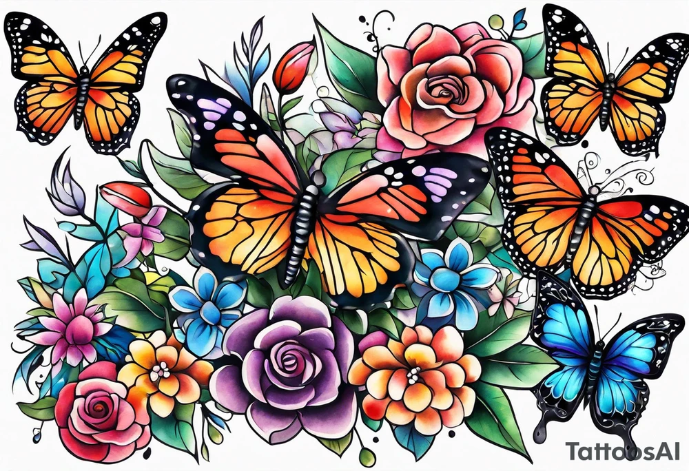 Arm sleeve with rainbow flowers and butterflies tattoo idea