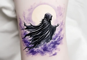 A Reaper with a tattered black cloak blowing in a violet wind under a pale yellow moon. tattoo idea