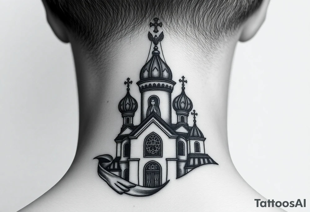 Flowing Scene

A onion domes orthodox church
Virgin Mary in prayer pose wrapping around the lower neck curve
A small double headed russian coat of arms eagle or just the star tucked above the dome near the hairline tattoo idea