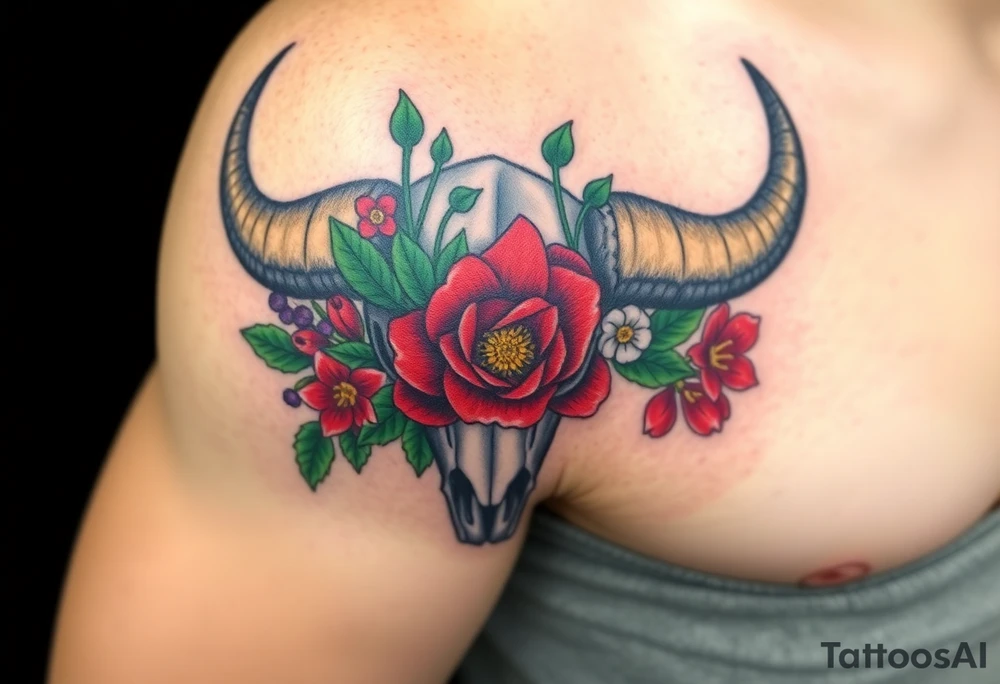 Buffalo or bison skull with flowers. Red Peony, snowdrop, green holly with red berries, purple larkspur,  red peony. Colour. For upper arm or shoulder. Masculin. tattoo idea