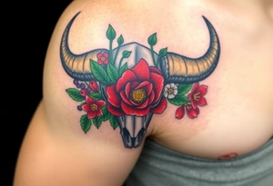 Buffalo or bison skull with flowers. Red Peony, snowdrop, green holly with red berries, purple larkspur,  red peony. Colour. For upper arm or shoulder. Masculin. tattoo idea