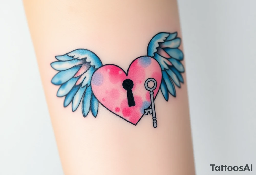 A heart-shaped lock with lockhole with angel wings in pastel blue and pink, with a silver key floating nearby tattoo idea