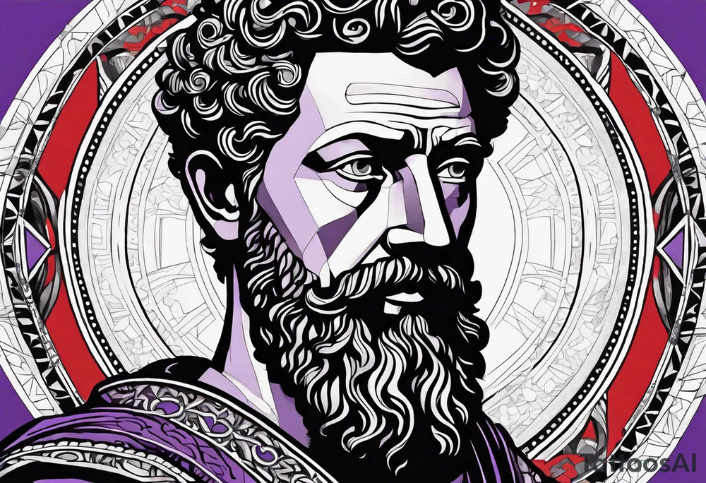 The Face of marcus aurelius with the lower left half missing. He is looking slightly away at 25 degrees. Geometric symbols framing the background. The background has small color splashes of red and purple. tattoo idea