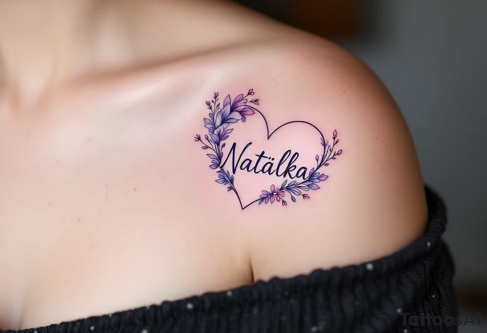 A soft purple heart with floral accents surrounding the name Natálka. tattoo idea