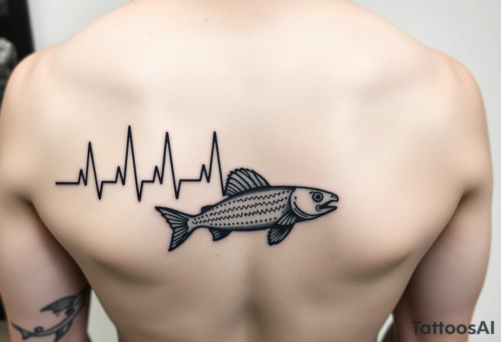 Design tattoo that goes from electrocardiogram life line to simple eagleray fish and back to electrocardiogram life line tattoo idea