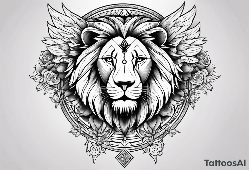 lion side face clock rose cross chain wing on thigh tattoo idea lion side face clock rose cross chain wing on thigh tattoo idea