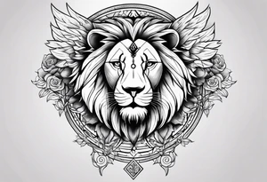 lion side face clock rose cross chain wing on thigh tattoo idea
