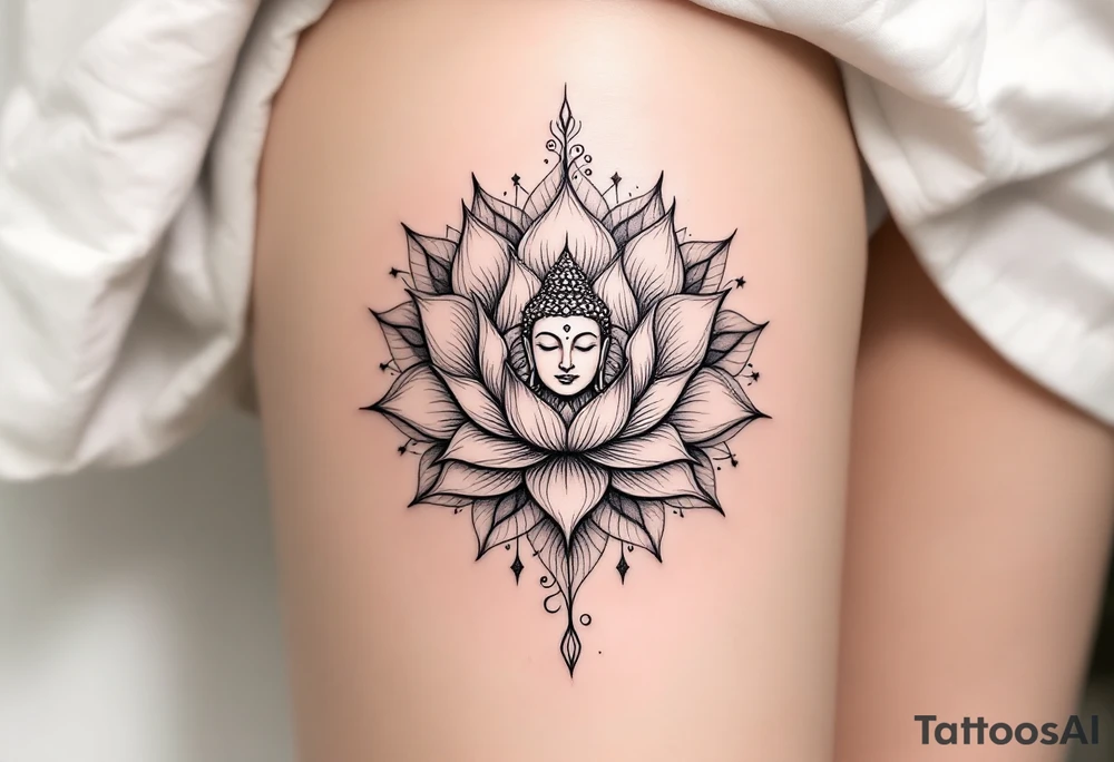"Sacred Circle of the Lotus" – A delicate lotus flower in a circular shape, with the petals soft and flowing outward. In the center, a subtle Buddha's face or a small Om symbol to represent inner peace and enlightenment. tattoo idea