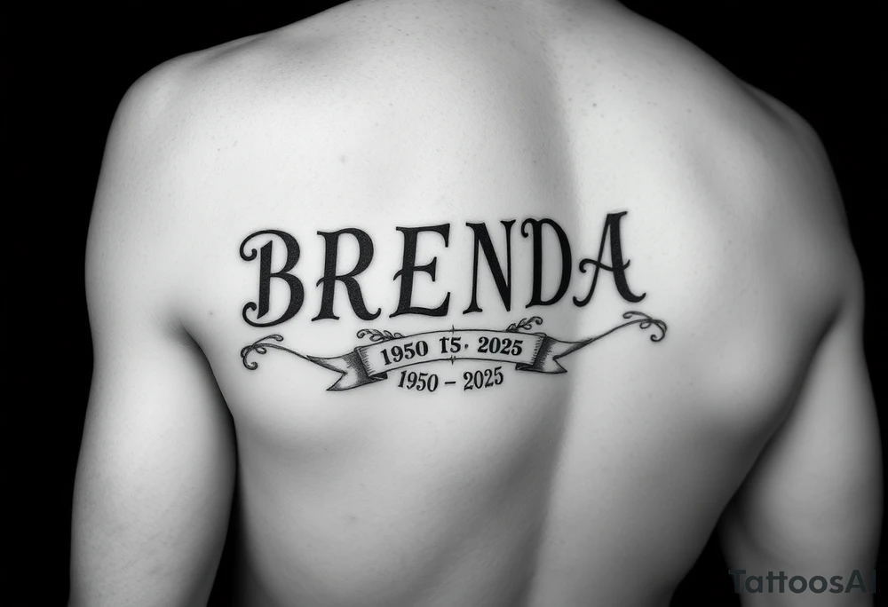 "B
R
E
N
D
A" going down arm
 WITH RIBBONS UNDERNEATH SHOWING 1950-2025 tattoo idea