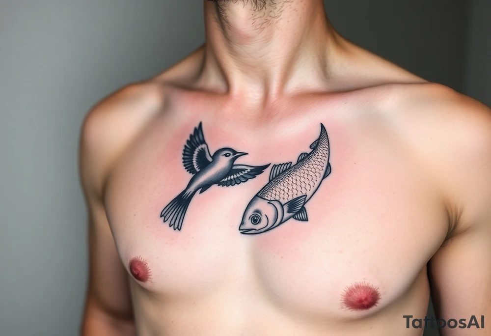 small bird and fish tattoo, for chest, man. not many details. a lot of black color tattoo idea