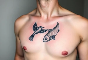 small bird and fish tattoo, for chest, man. not many details. a lot of black color tattoo idea