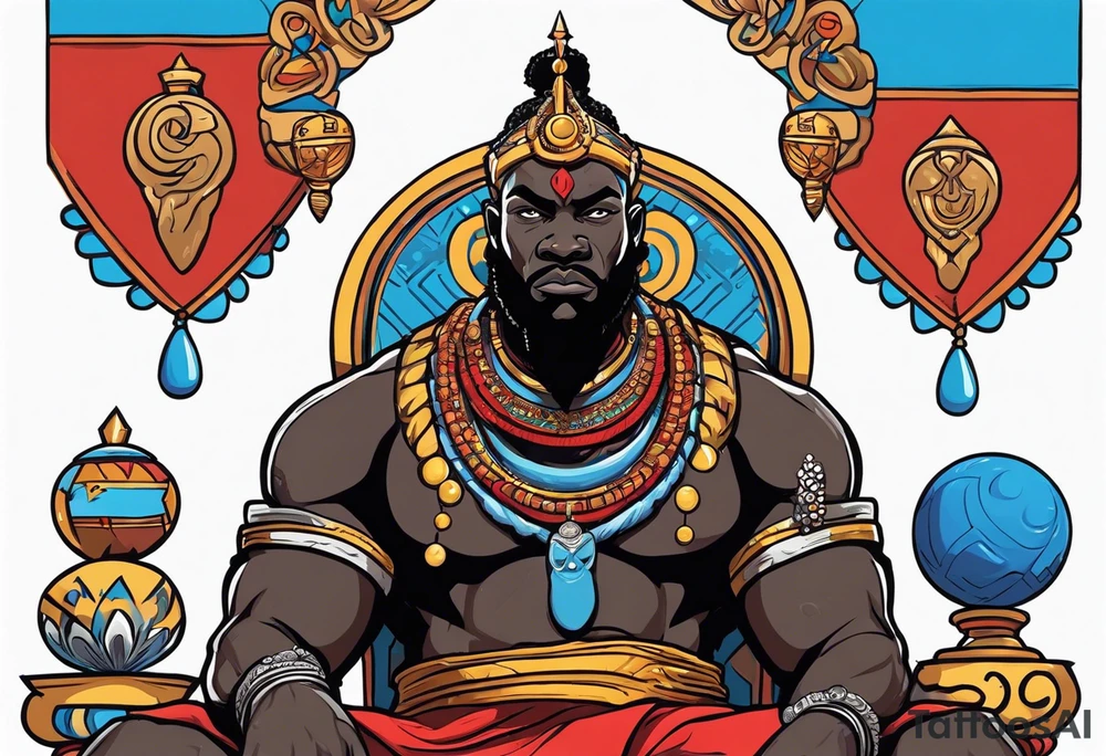 Black-skinned african god of war with a small silver crown, no armor, and two ball necklaces: one blue, other red tattoo idea