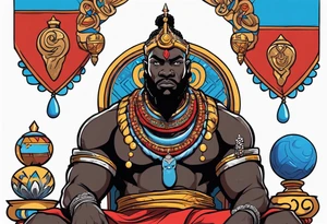 Black-skinned african god of war with a small silver crown, no armor, and two ball necklaces: one blue, other red tattoo idea