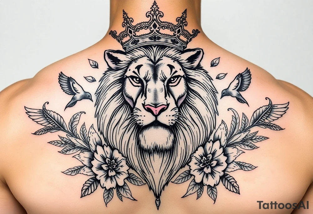 powerful majestic lion with a crown, surrounded by floral ornaments and birds tattoo idea