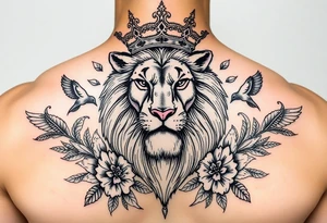 powerful majestic lion with a crown, surrounded by floral ornaments and birds tattoo idea