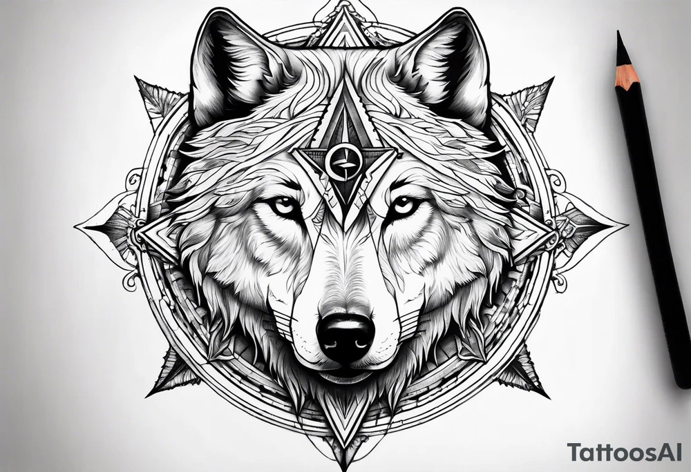 Half wolf face half compass tattoo idea