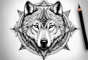 Half wolf face half compass tattoo idea