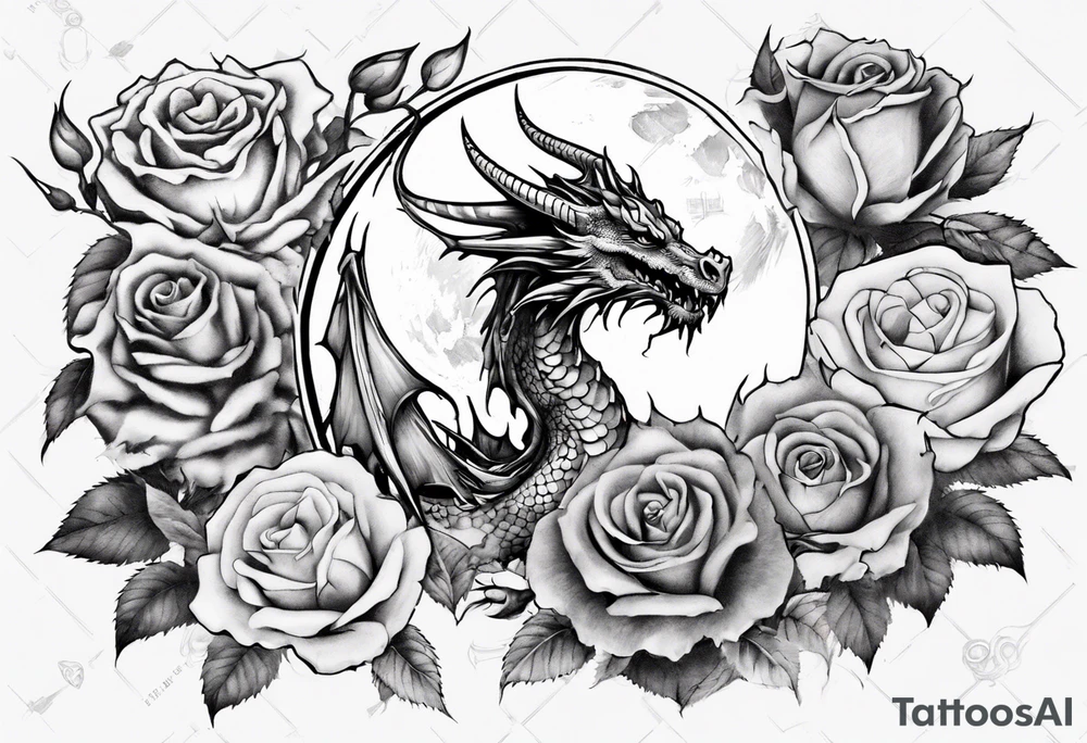 dragon with moon and roses tattoo idea