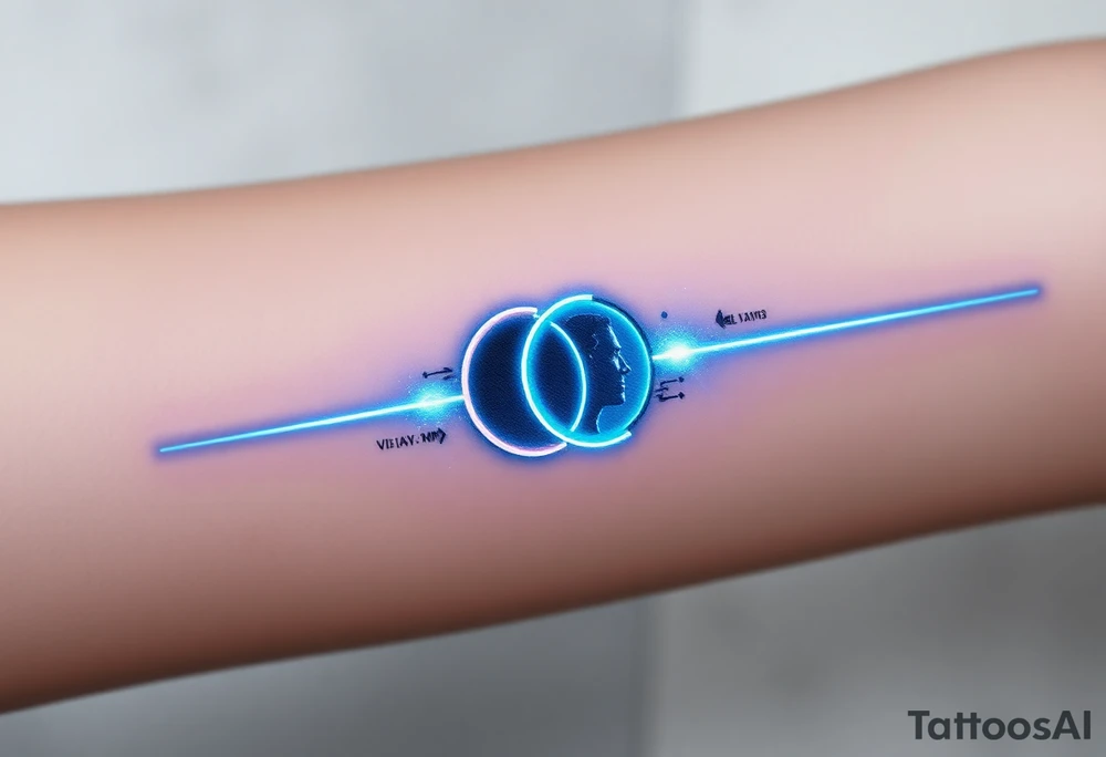 Tron-inspired tattoo design symbolizing legacy, father and son connection, and continuation of unfinished dreams. A glowing light line begins faint and fragmented, representing the father’s passing, then transitions into a strong radiant blue-white Tron energy line symbolizing the son carrying on the legacy. Two overlapping Tron identity discs connect in the center, showing the torch being passed. In the background, a subtle, ethereal silhouette of the father’s face watching proudly, made of digital light particles, fading into the grid. Include small roman numerals “VI·IV·MMXXIII” hidden within the light lines. Futuristic, emotional, clean composition, fine-line realism mixed with neon light energy, cinematic sci-fi atmosphere, forearm tattoo layout, soft glow effect, high detail, black and blue tones. tattoo idea