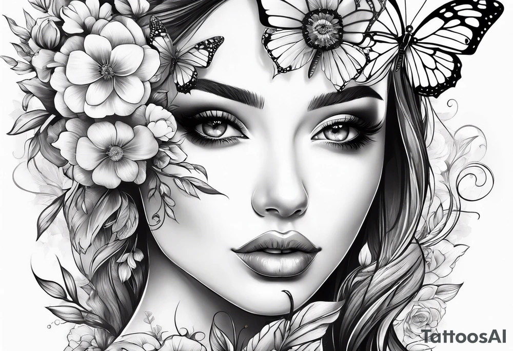 Women half face with flowers and butterfly tattoo idea