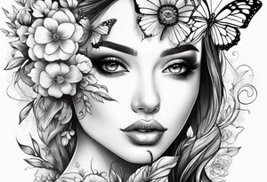 Women half face with flowers and butterfly tattoo idea