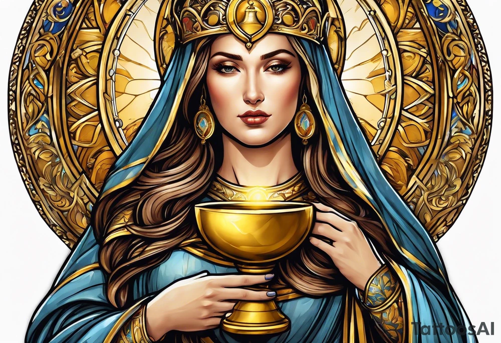 holy saint woman with golden halo holding a chalice tattoo idea