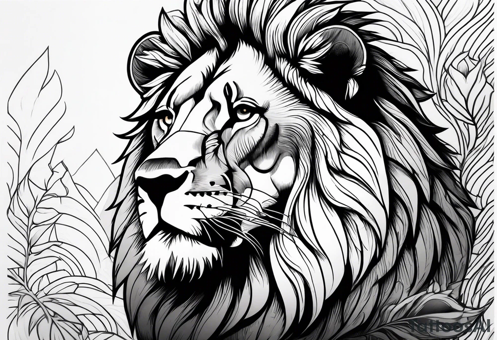 Powerful lion up close with nature in background tattoo idea