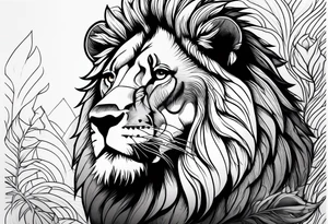 Powerful lion up close with nature in background tattoo idea