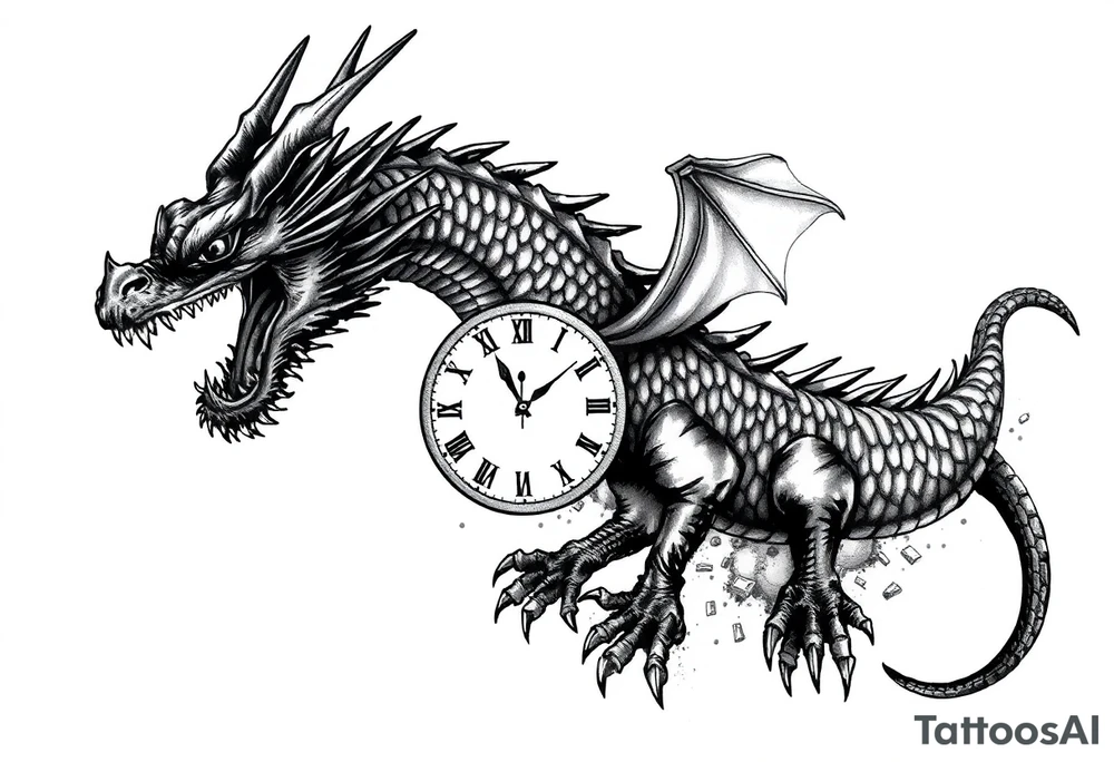 Horror dragon tattoo with clock, dollars on background tattoo idea