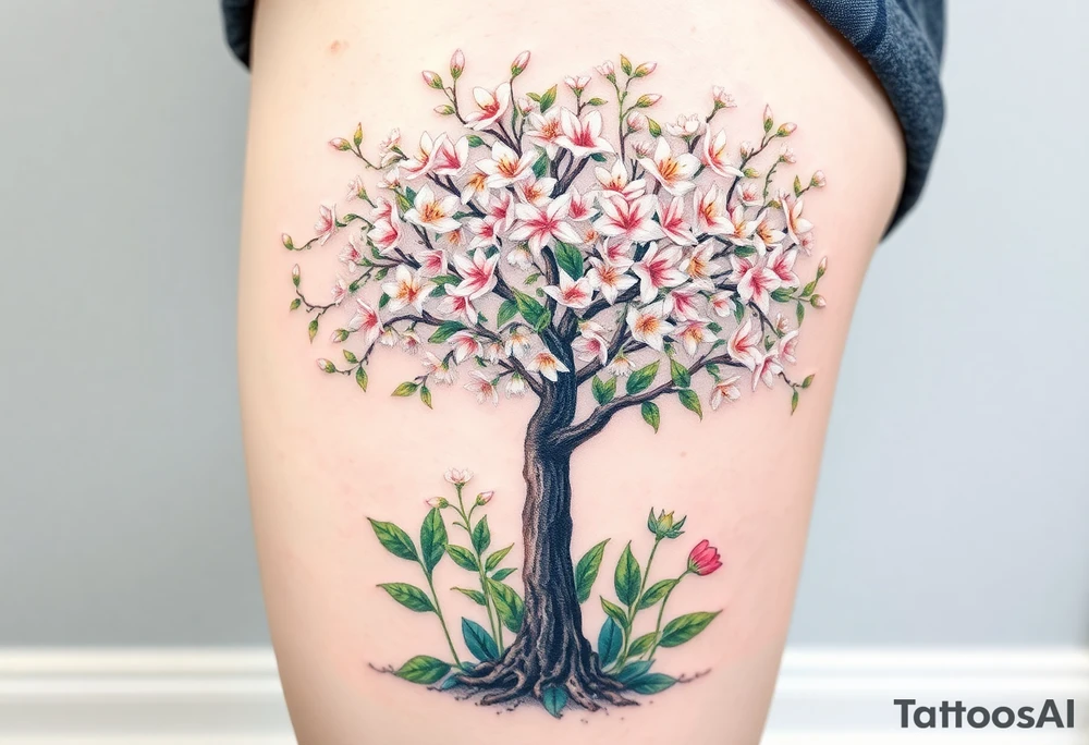 Flowering hawthorne tree with white lilly of the vally bell plants planted by  tree with other lilly plants t8q tattoo idea