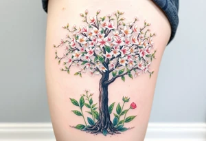 Flowering hawthorne tree with white lilly of the vally bell plants planted by  tree with other lilly plants t8q tattoo idea
