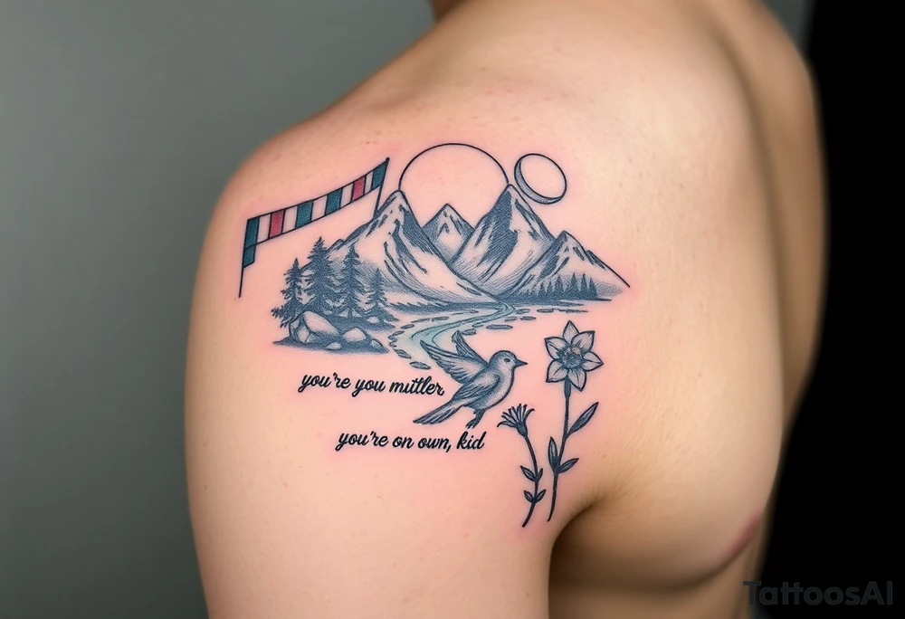 upper arm tattoo with buddhist prayer flags, mountain, river, "you're on your own, kid", little blue bird, daffodil, and full moon tattoo idea