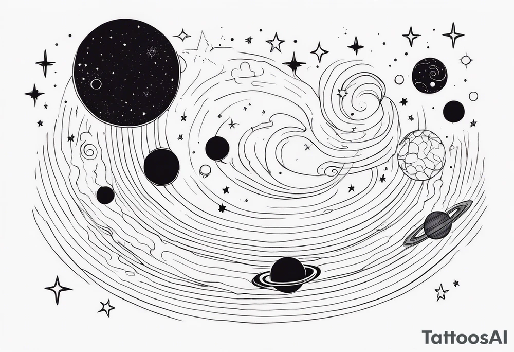 Galaxy with stars and planets in a minimalist style, with the quote, "Made for another world" tattoo idea