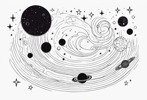 Galaxy with stars and planets in a minimalist style, with the quote, "Made for another world" tattoo idea