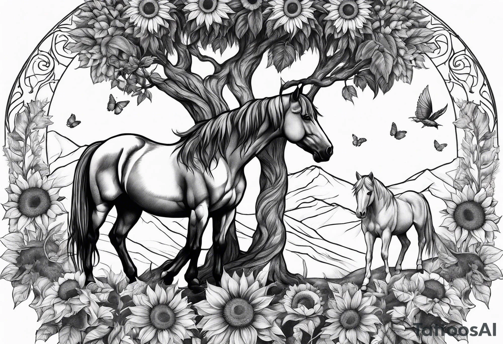 Yggdrasil tree, horse in front of it, and sunflowers tattoo idea