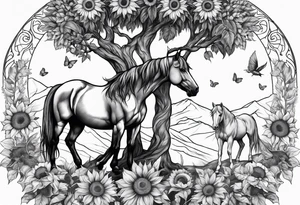 Yggdrasil tree, horse in front of it, and sunflowers tattoo idea