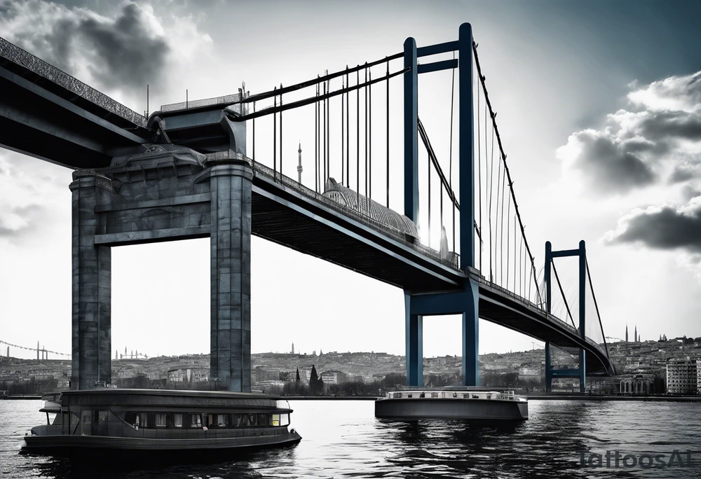 Istanbul bridge with blue details and behind them a big yellow canary tattoo idea