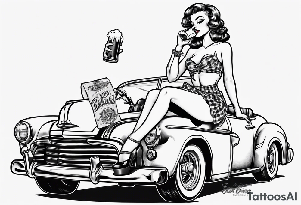 pinup doll laying on the hood of a classic vintage car drinking a beer tattoo idea