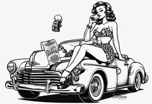 pinup doll laying on the hood of a classic vintage car drinking a beer tattoo idea