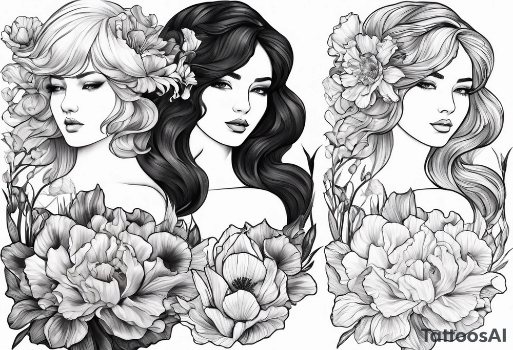 One carnation
One snow drop
One iris
One poppy
One cosmo
One narcissus
Surrounding a female silohette tattoo idea