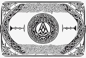 Thin Nordic chain that englobe the forearm, divided in steps with Yggdrasil, Valknut, Uruz (ᚢ), Raido (ᚱ), Gebo (ᚷ), Perthro (ᛈ), Elhaz (ᛉ), Laguz (ᛚ) and Odin’s Ravens. tattoo idea