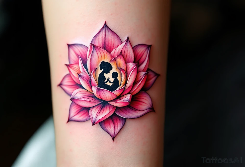 A pink lotus flower with a tiny black infant figure in the center honors a mother’s spiritual and emotional support. tattoo idea