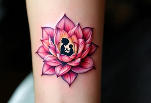A pink lotus flower with a tiny black infant figure in the center honors a mother’s spiritual and emotional support. tattoo idea