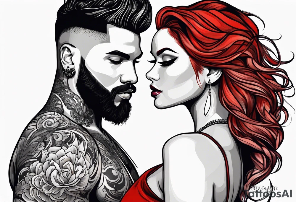 Busty red hair woman with bearded black hair man tattoo idea