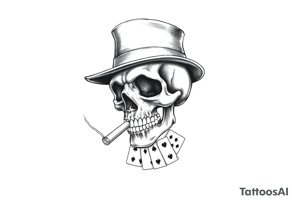 skull with top-hat,cigar in his mouth and playing cards. tattoo idea