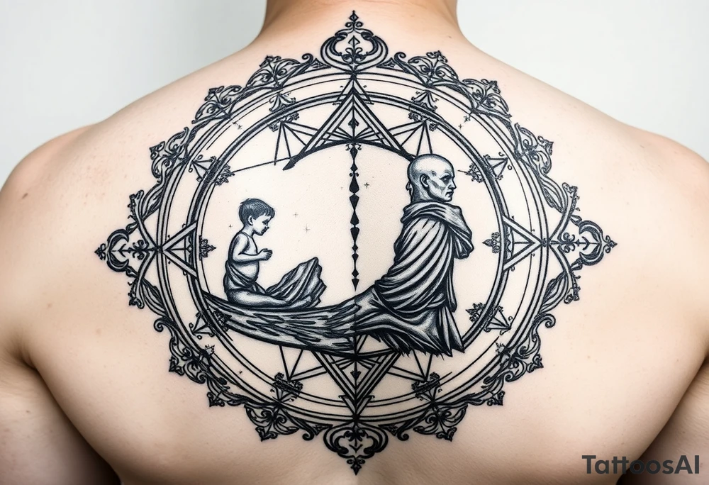 Ornate mirror reflecting dual image, left side shows small child silhouette dissolving into geometric patterns that reform as strong adult figure on right side, continuous transformation flow between them, sacred geometry frame, no cracks or breaks, flowing transition showing evolution not separation, black and grey, upper arm tattoo tattoo idea
