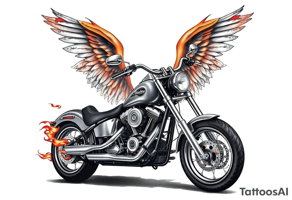 Harley grey motorcycle driving away, flames, angel wings tattoo idea